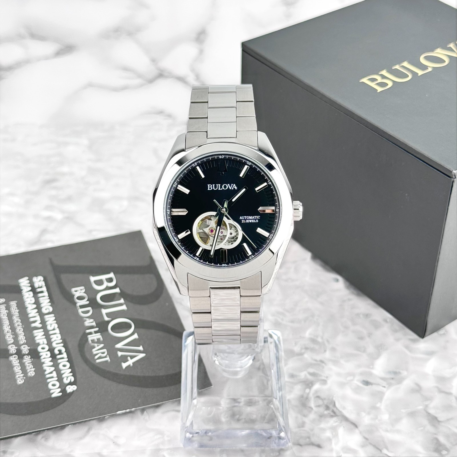 Bulova Surveyor Automatic Black Dial Silver Stainless Steel Men’s Watch 96A270