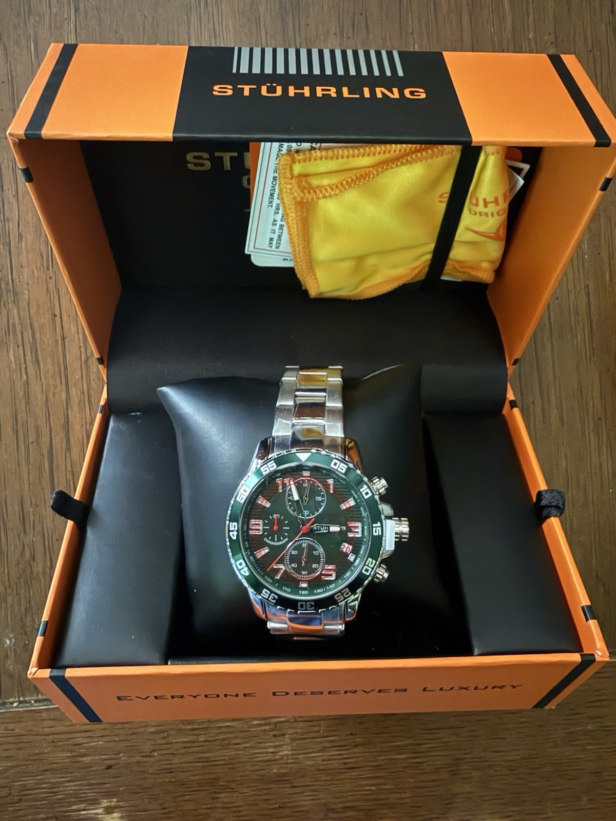 Stührling Original Men’s Chronograph Quartz Green Bezel Stainless Steel Bracelet
