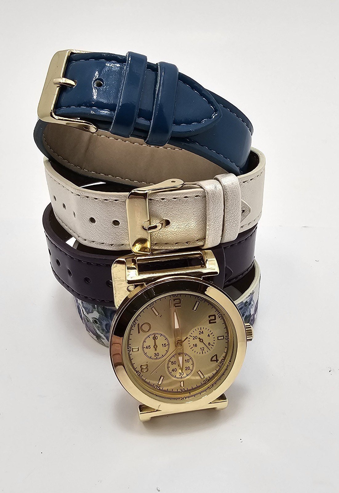 Geneva Quartz Wristwatch Stainless Steel Blue White Purple Floral Strap Watch