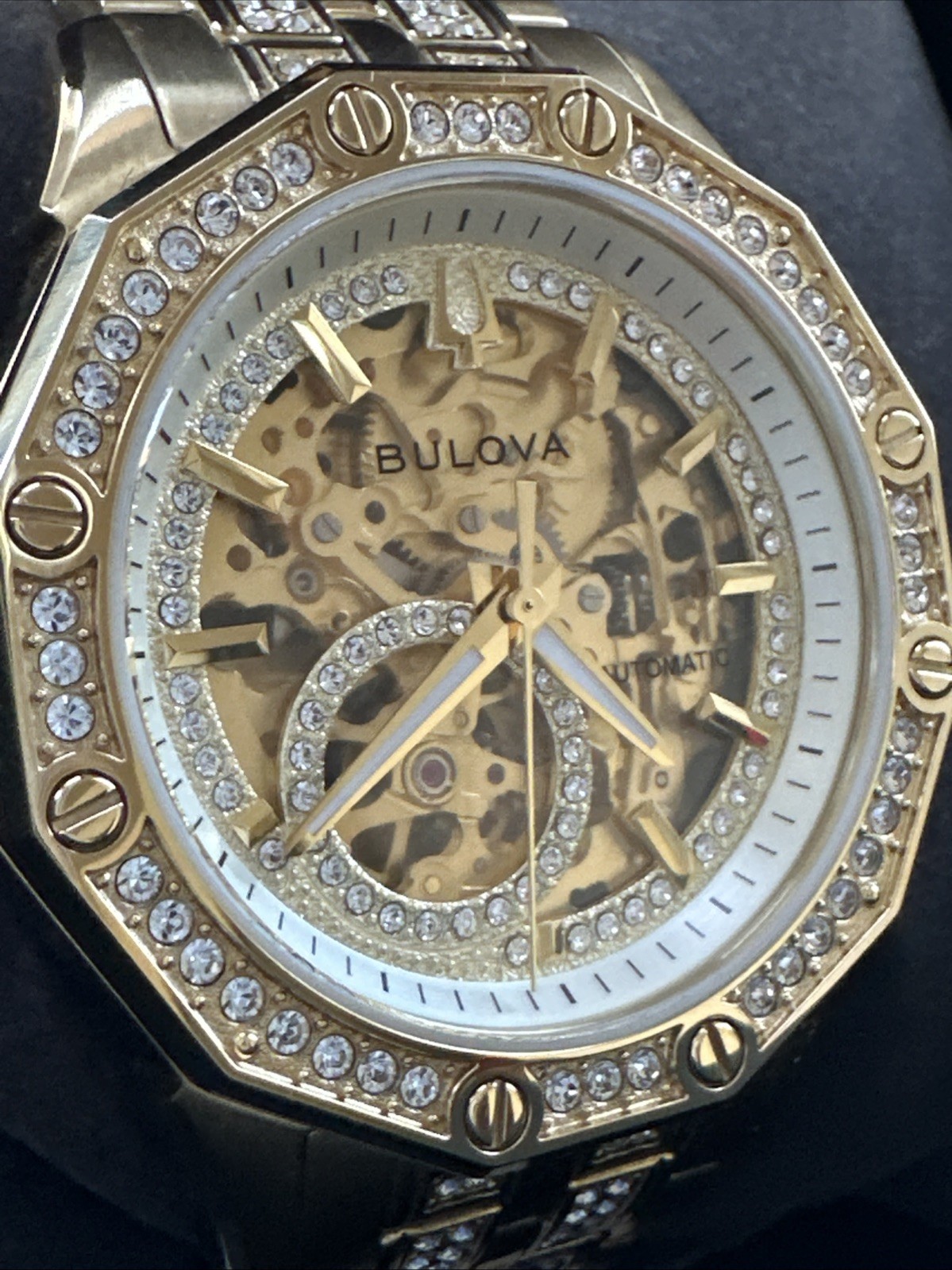 Bulova Men’s Crystal Automatic Skeleton Gold Stainless Steel Watch 42 MM 98A292
