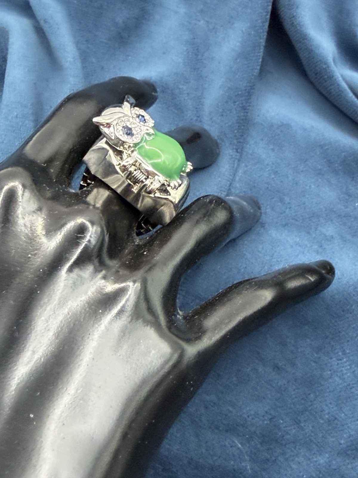 Strada Owl Ring Watch Adjustable Hidden Face Green Stone Rhinestones Silver Tone