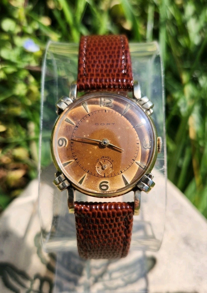 Vtg 1960’s Cort Magna Patina Dial Mens 29mm Watch AS1002 Mechanical Knotted Lugs