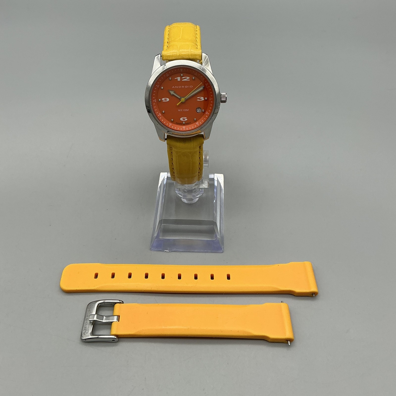 Android Womens Watch 30mm Orange Dial Yellow Leather Extra Rubber Strap AD315