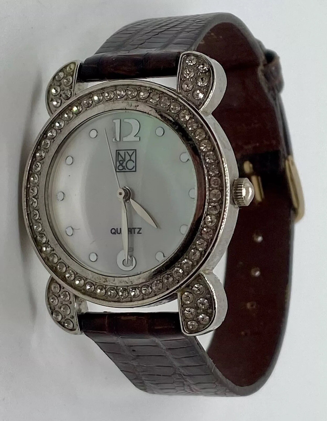 NY&C Ladies Watch New Battery Brown Genuine Lizard Strap Iced Dial NICE!