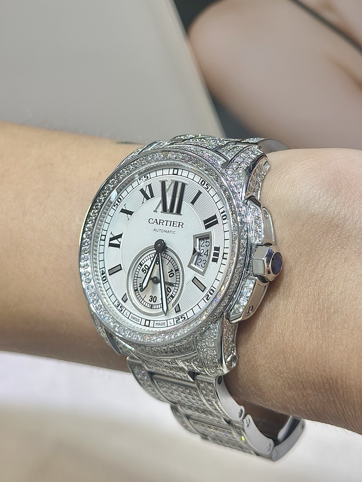 Cartier Calibre 42MM S/S Custom Diamond Automatic Watch – Approx 25.00 CTW