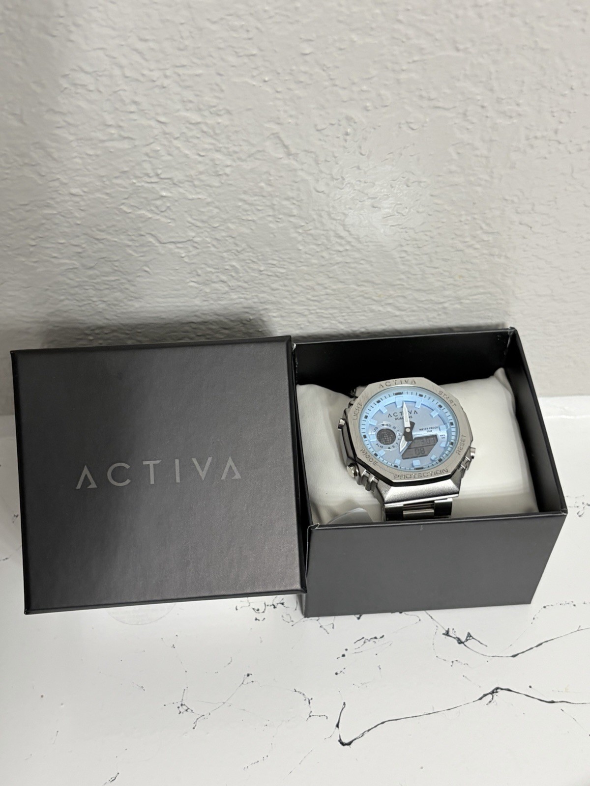 Activa Dual Time Analog-Digital Quartz Watch Blue Dial Steel Bracelet 30m Box