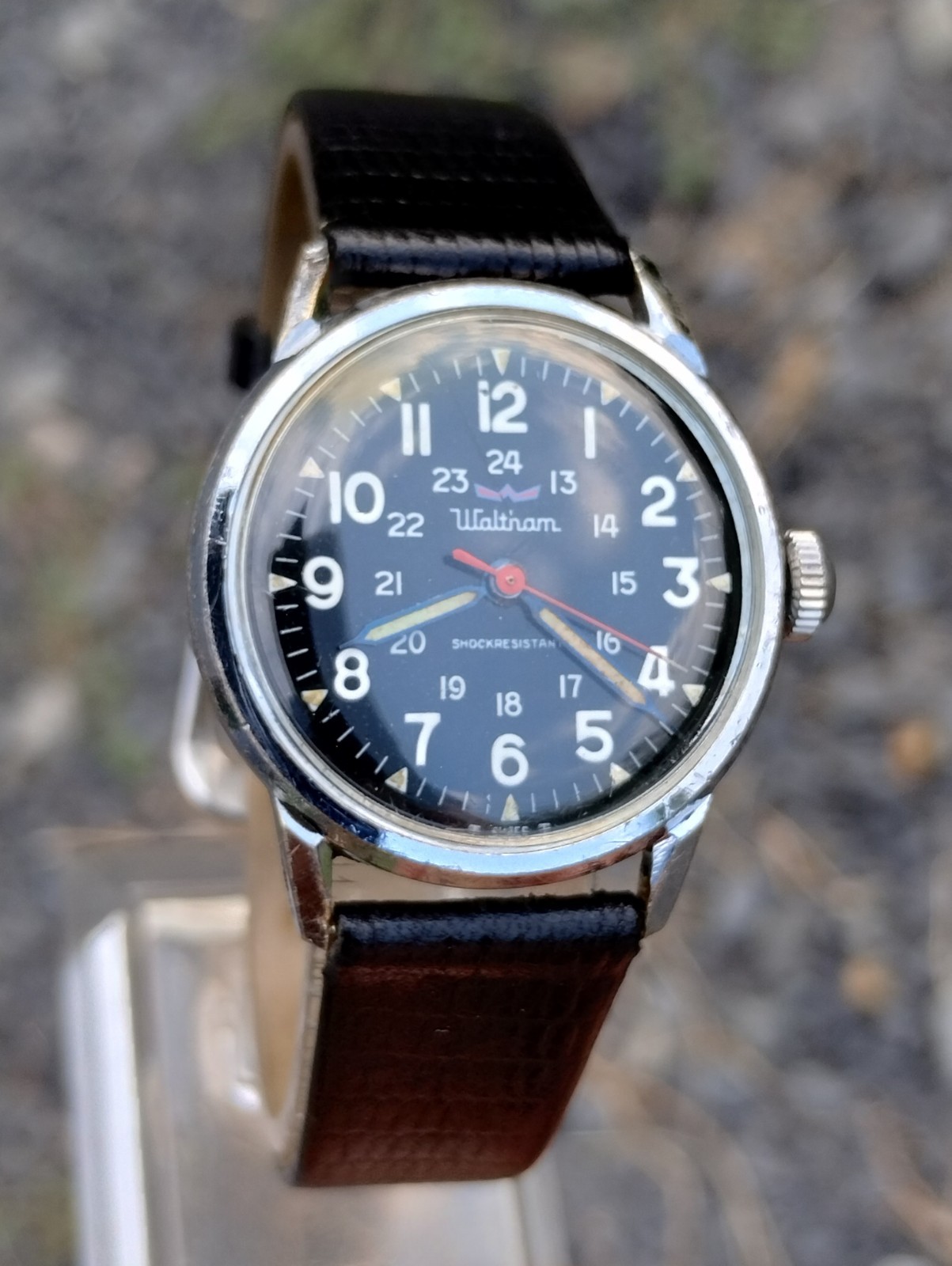 Vintage 1950s Waltham Military 12/24hr. Black Dial Red Pointer mens Wristwatch
