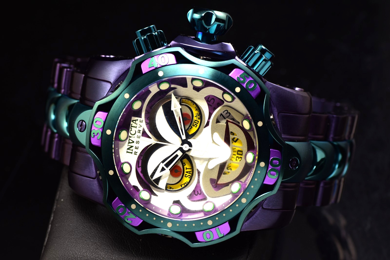 Invicta Reserve DC Comics Joker Chrono 52.5 mm Swiss Mvt Green, Purple Watch New