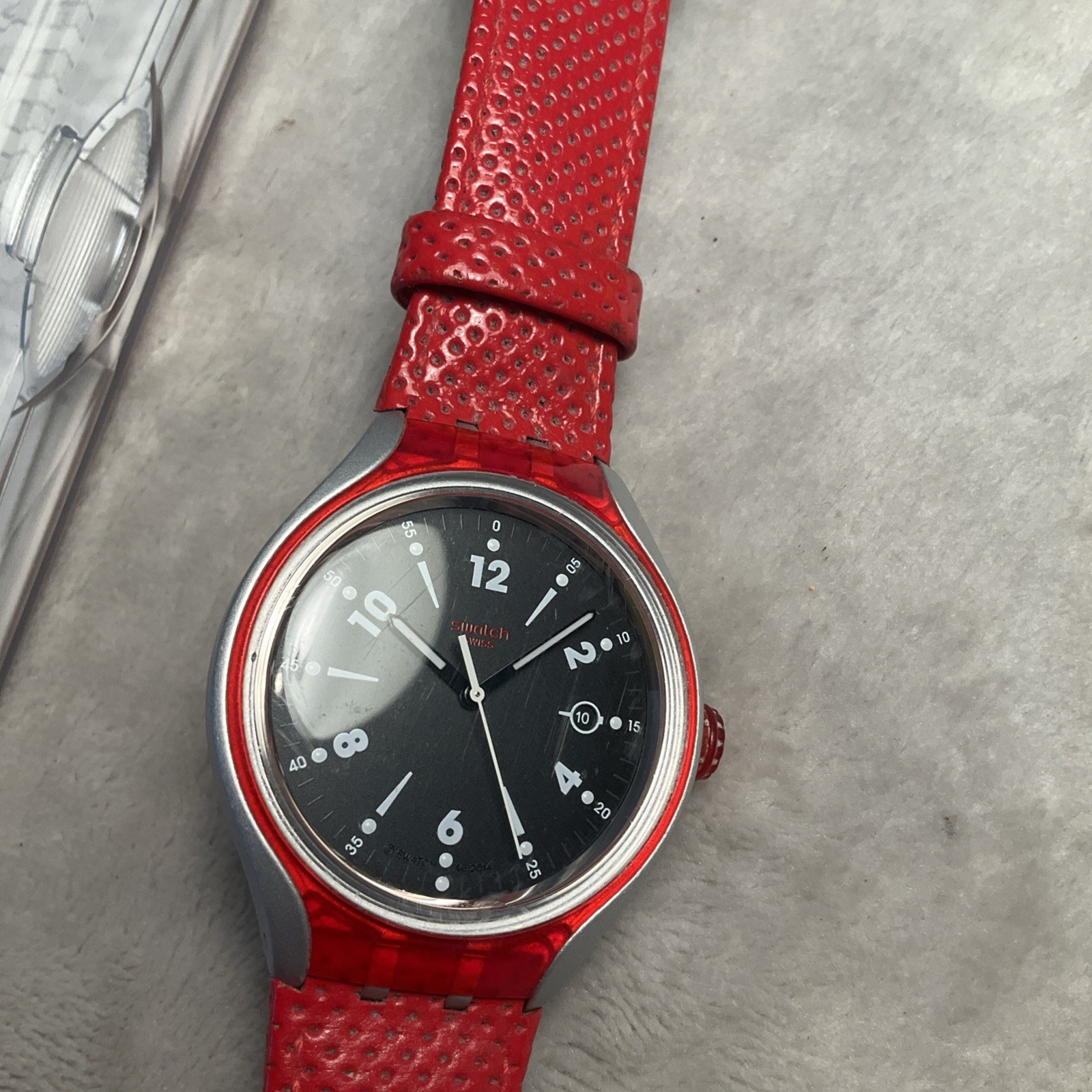 New Swatch Irony GO JUMP X-lite Aluminum Red Leather Men’s Watch YES4001 Works!