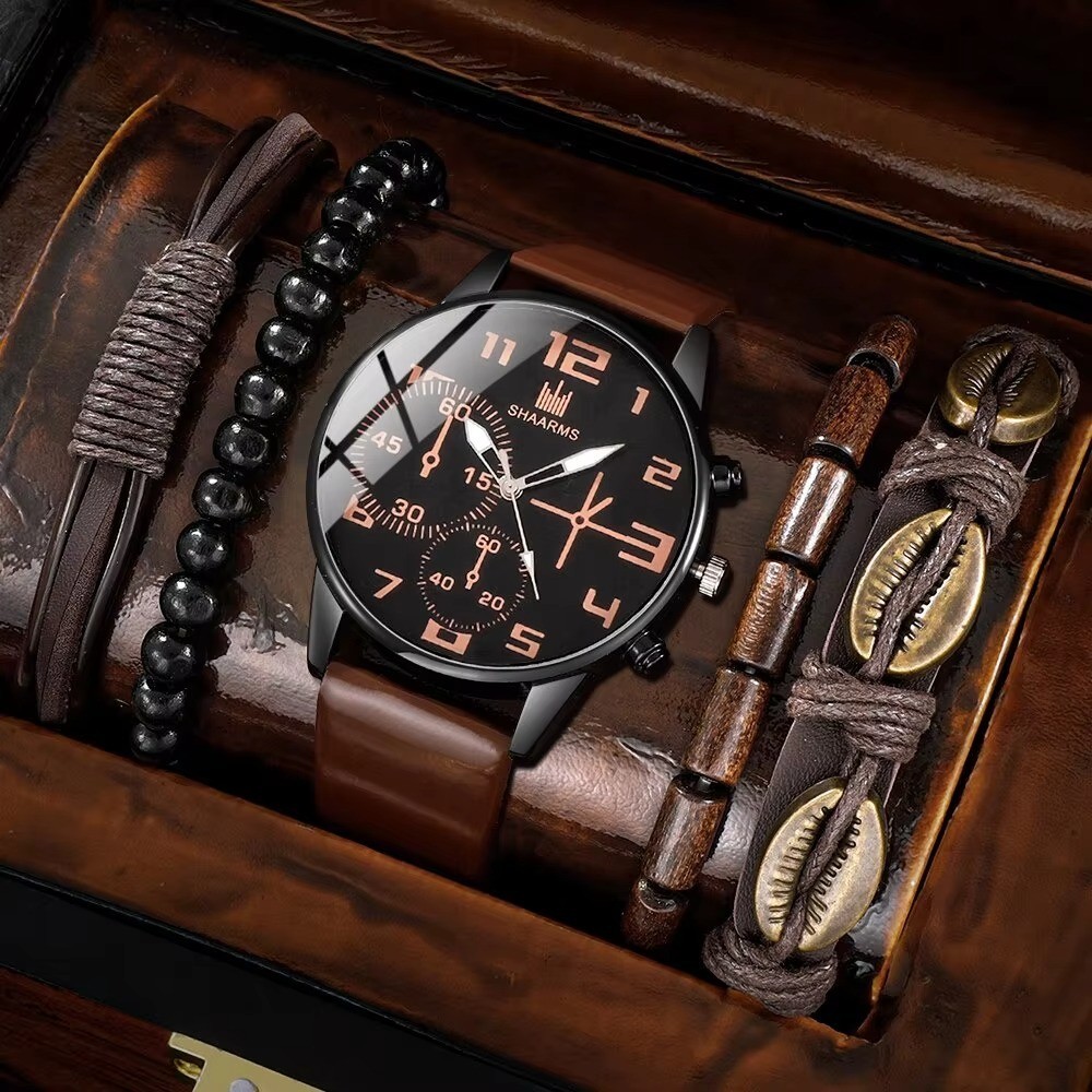 5PCS Men’s Quartz Watch Set Big Dial Brown Leather Sports Casual Wrist Watch