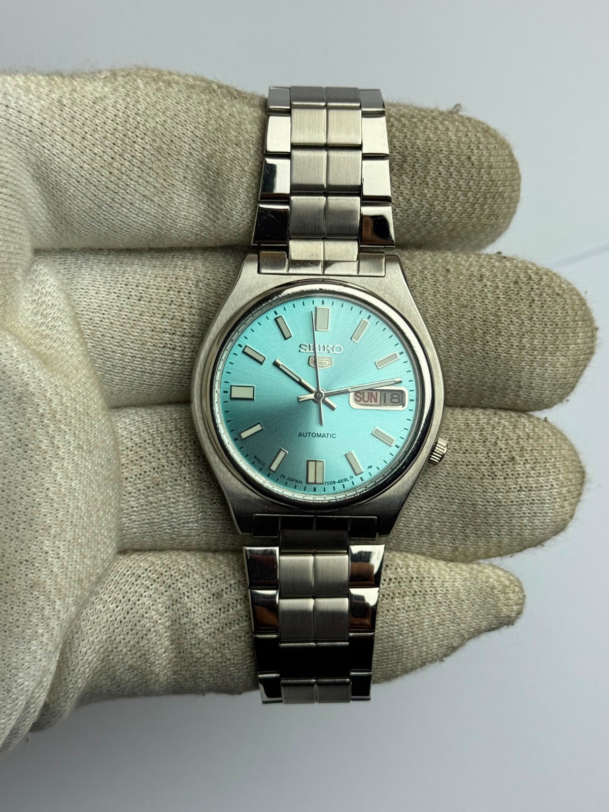 Seiko 5 Mens Automatic Ice Blue Dial Day-Date Stainless Steel Men’s Watch Japan