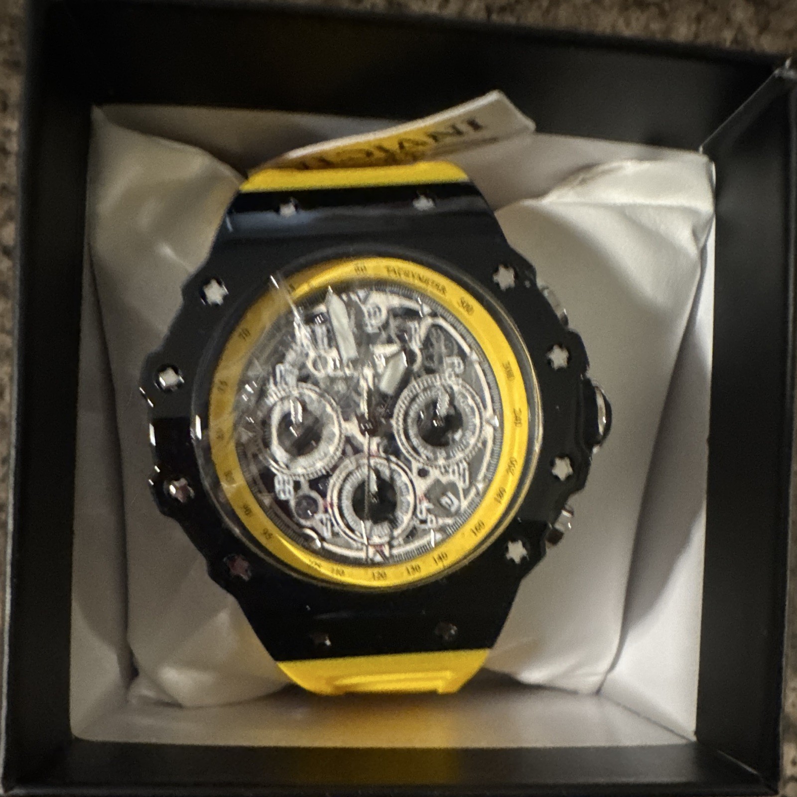 Invicta Men’s Chronograph Quartz Analog Watch 100m Black Dial Yellow Strap Box