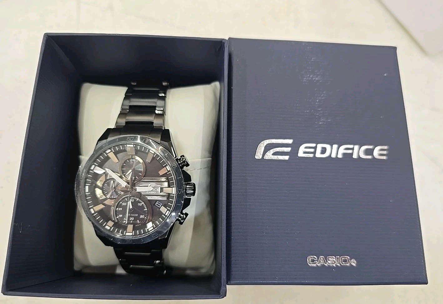 Men’s Casio Edifice Solar Powered Black IP Carbon Fiber Resin Strap Watch NIB