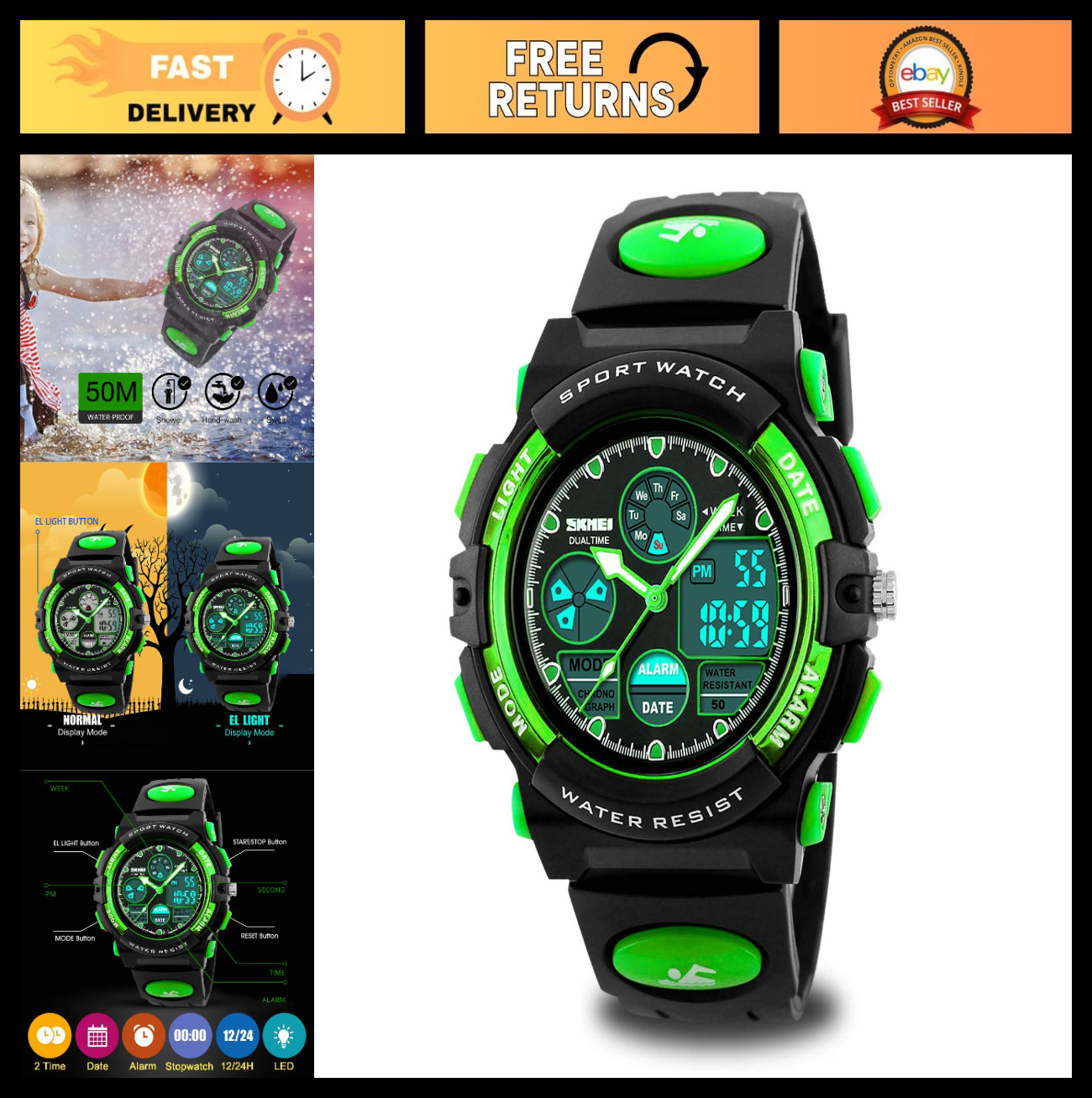 Kids Waterproof Sport Watch – Digital Analog Quartz, Alarm & Stopwatch, Outdoor