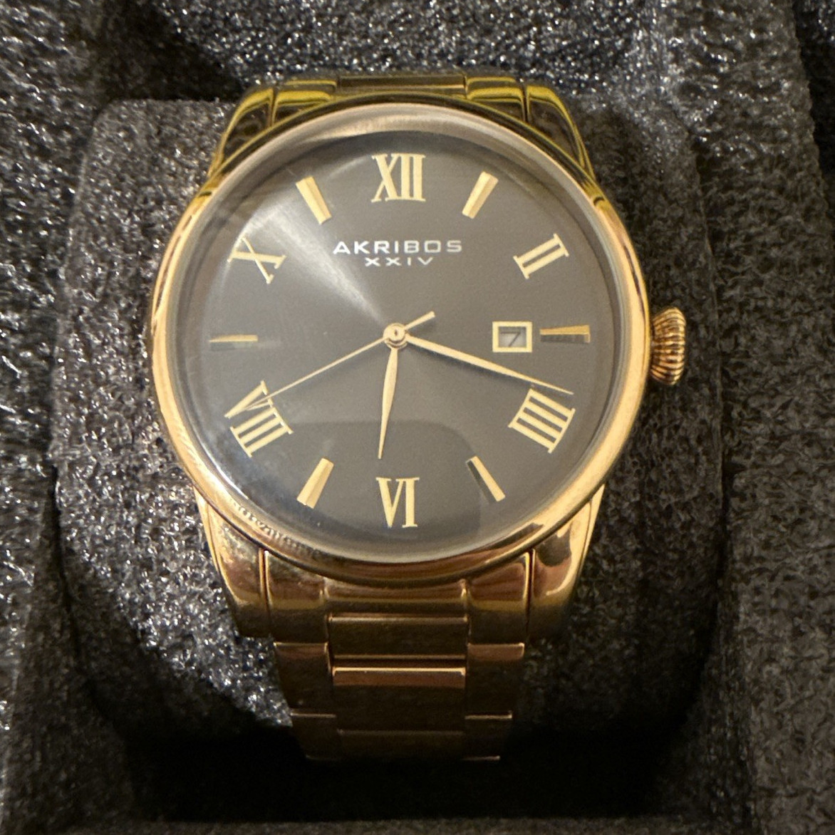 Akribos XXIV Men’s Gold Tone Quartz Dress Watch Black Dial Roman Date AK1056YGN