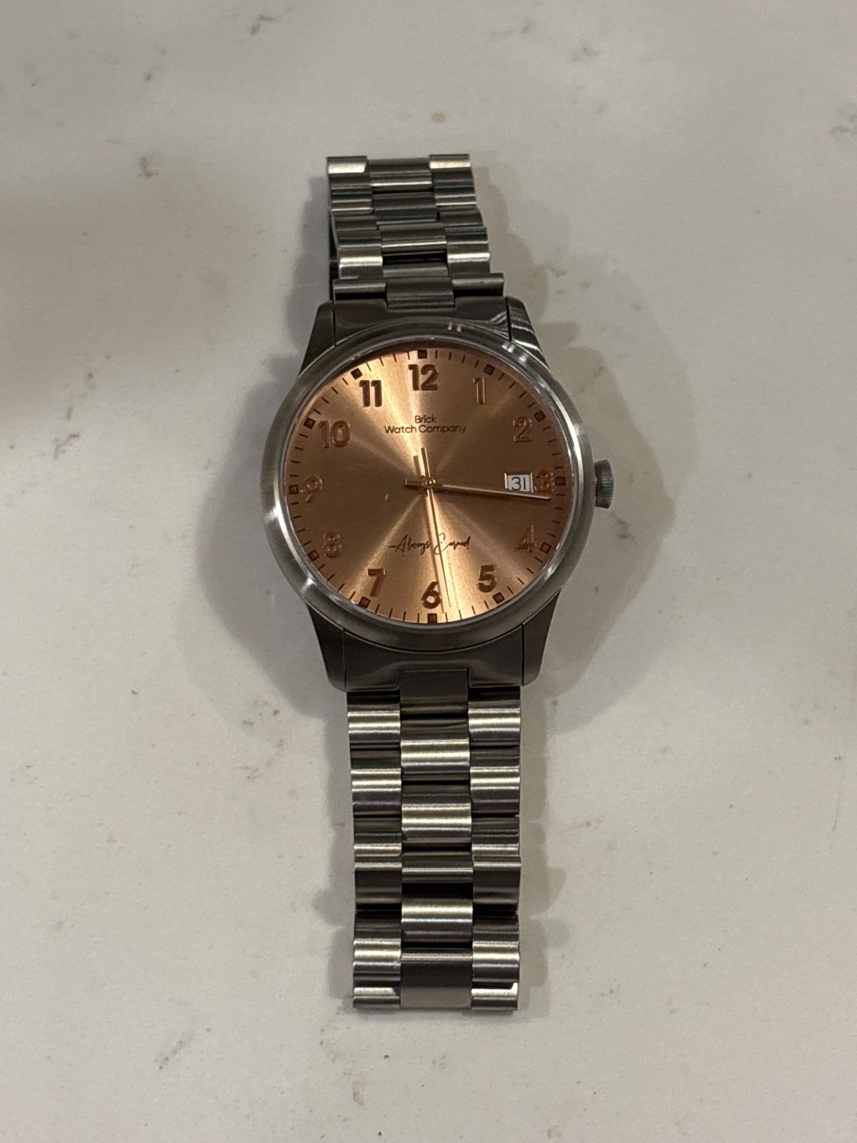 Brick Watch Company Stainless Steel Watch – Rose Gold Dial – Date Window – Class
