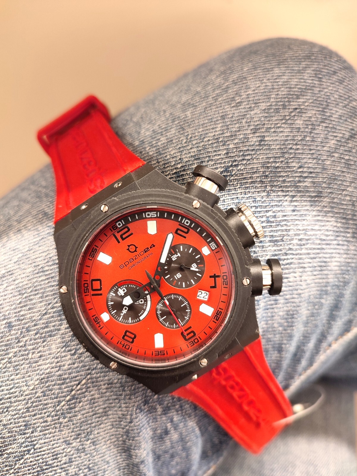 SPAZIO24 Sport Chronograph Watch, Water Resistant, Belt. red rubber, NEW