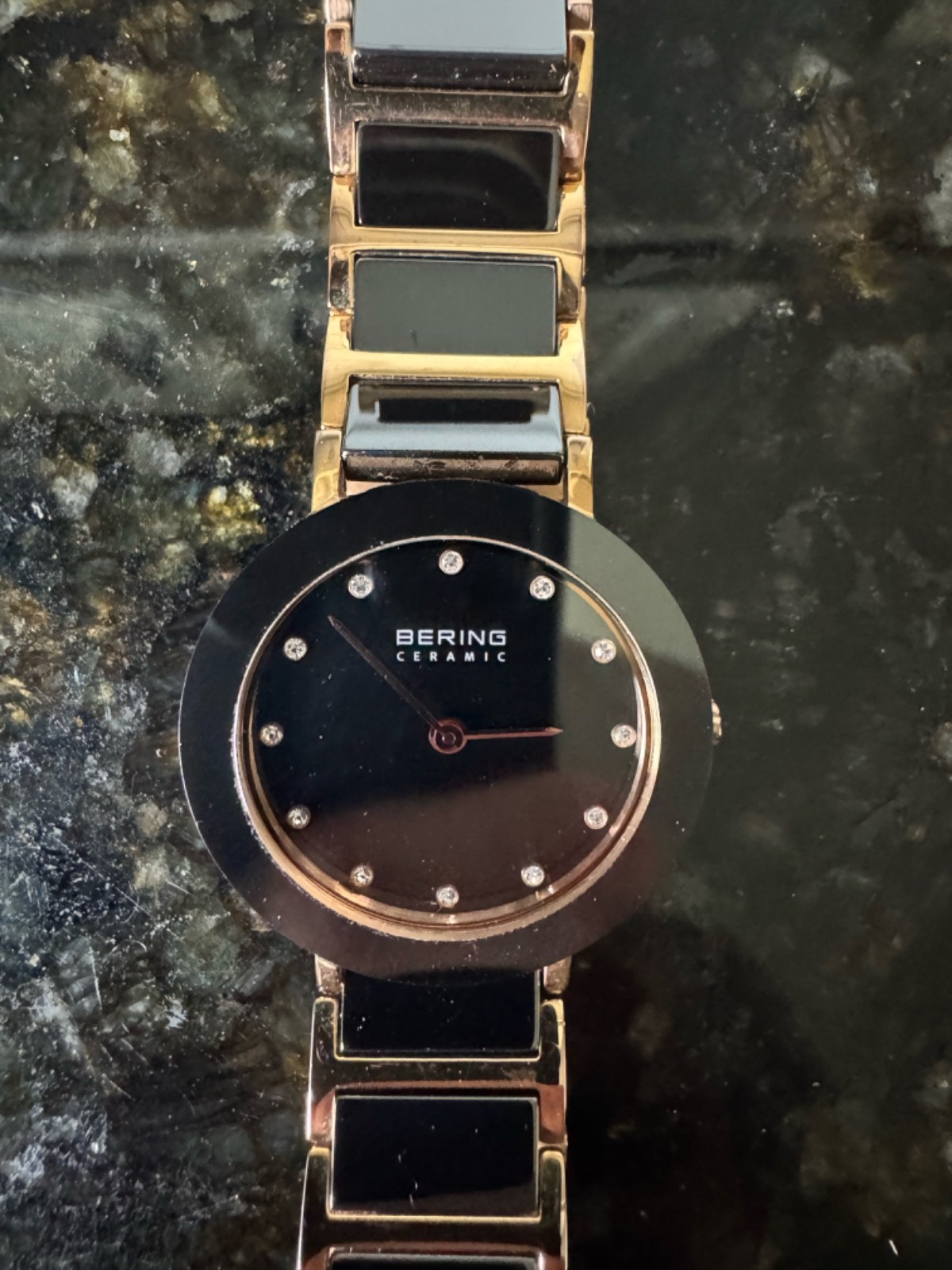 Bering Ceramic Women’s Watch Black Rose Gold Link Bracelet Swarovski Sapphire