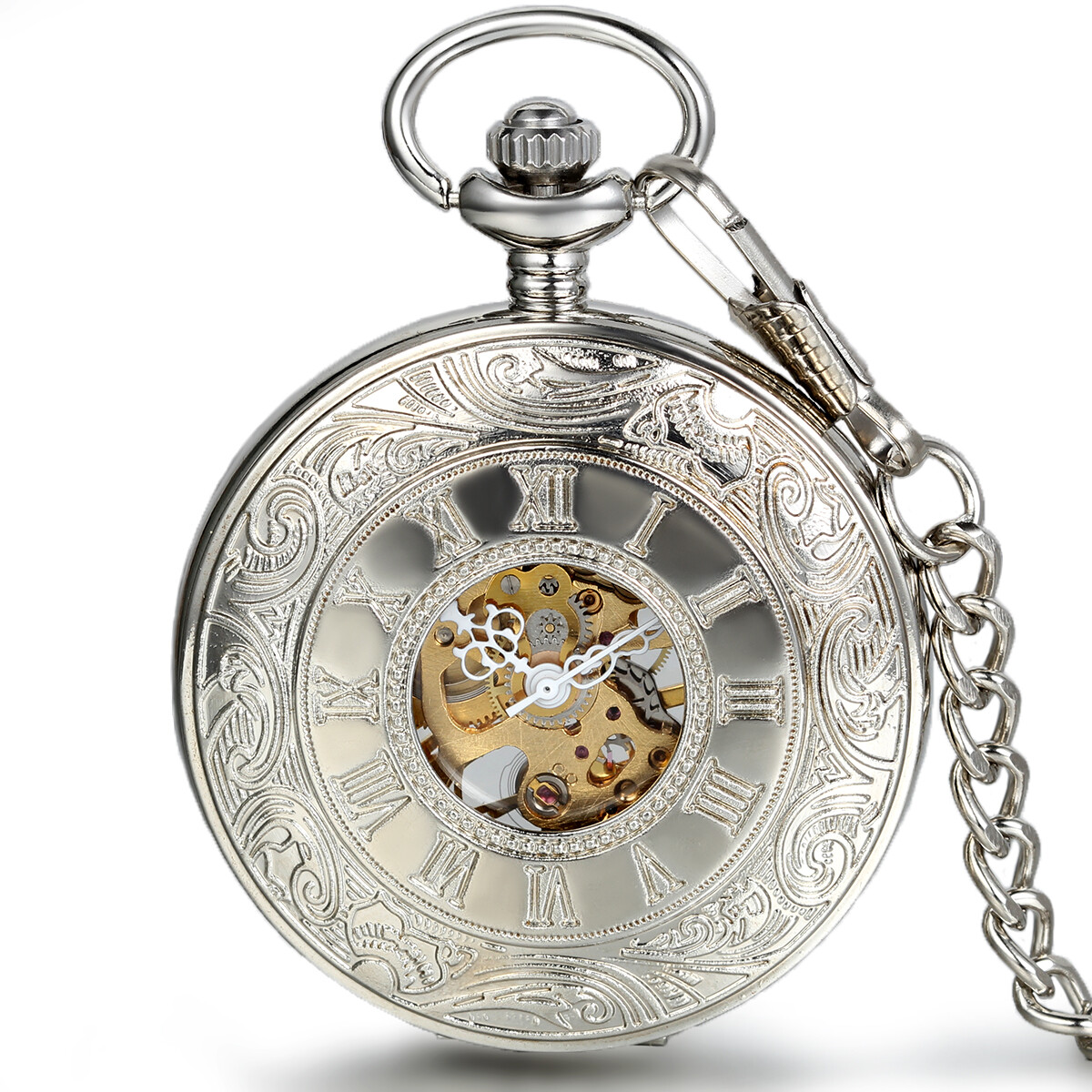Portable Hand-winding Mechanical Skeleton Roman Numberals Carved Pocket Watch