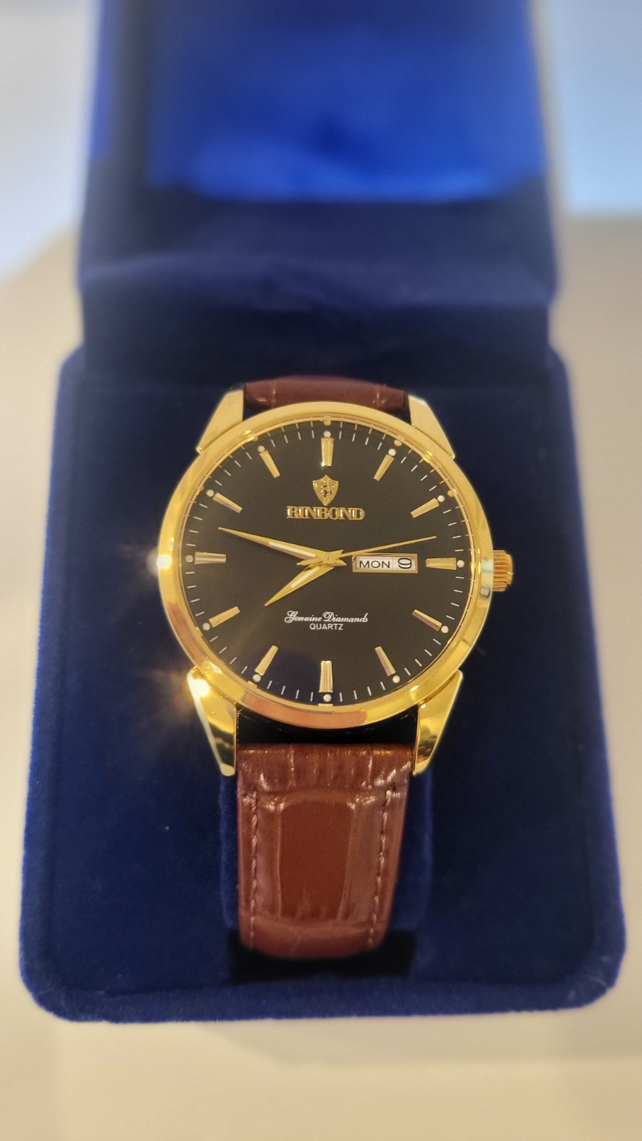 BINBOND Men’s Quartz Dress Watch Black Dial Gold-Tone Brown Leather Day-Date
