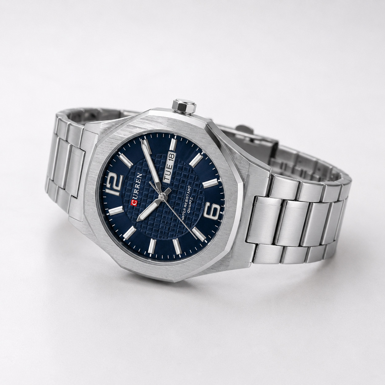 Men’s Quartz Watch Silver Alloy Band Blue Dial Day Date 3ATM