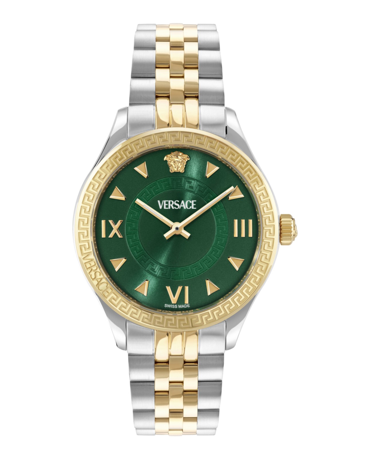 Versace Women’s Hellenyium Swiss Quartz Watch, Green Sunray Dial, Two-Tone