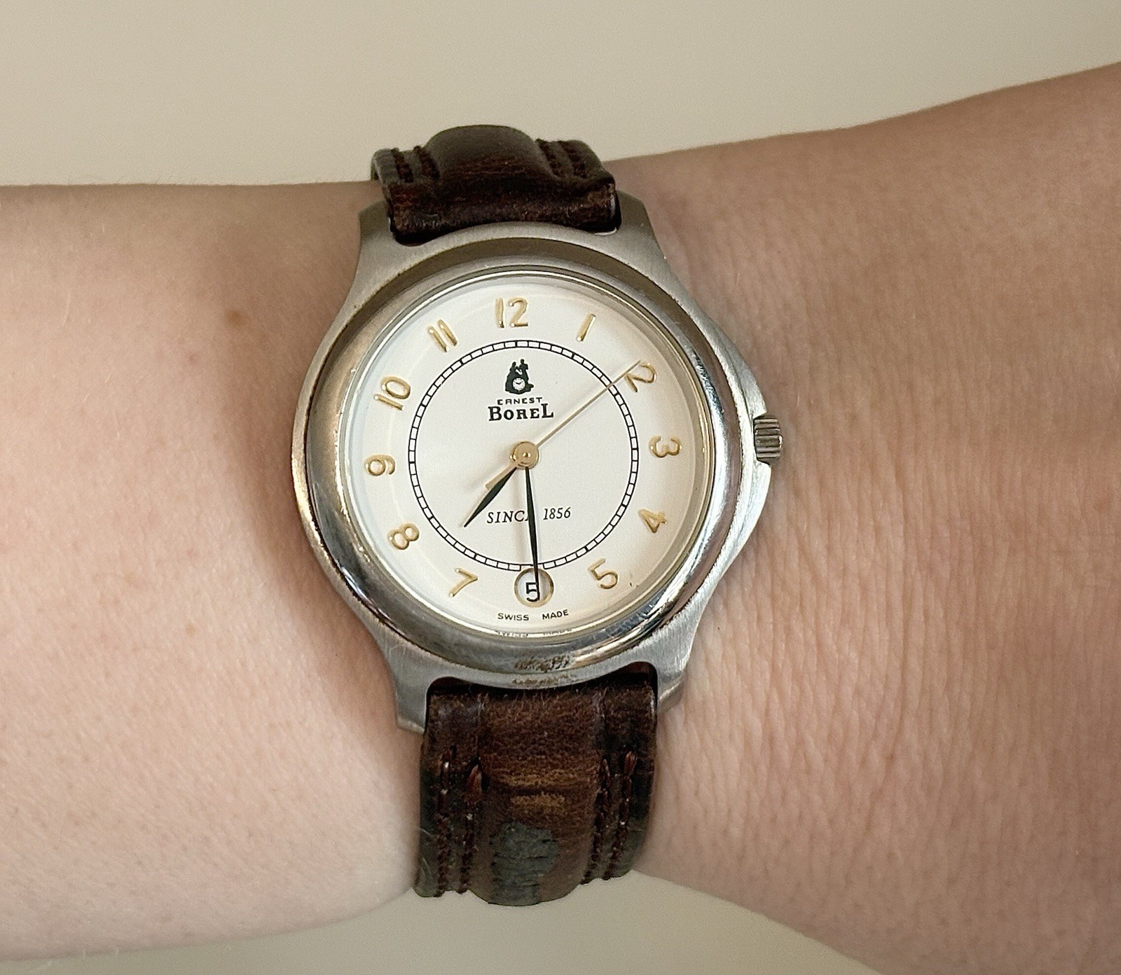 Rare Vintage Ernest Borel Day/Date Swiss Luxury Brown Leather Two-Tone Men Watch