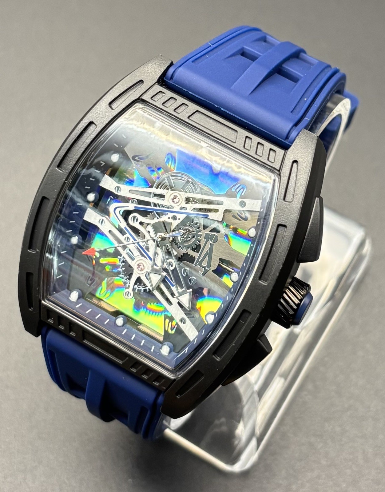 Men’s Analog Sport Watch 42mm Black Skeleton Dial Blue Silicone -NEW