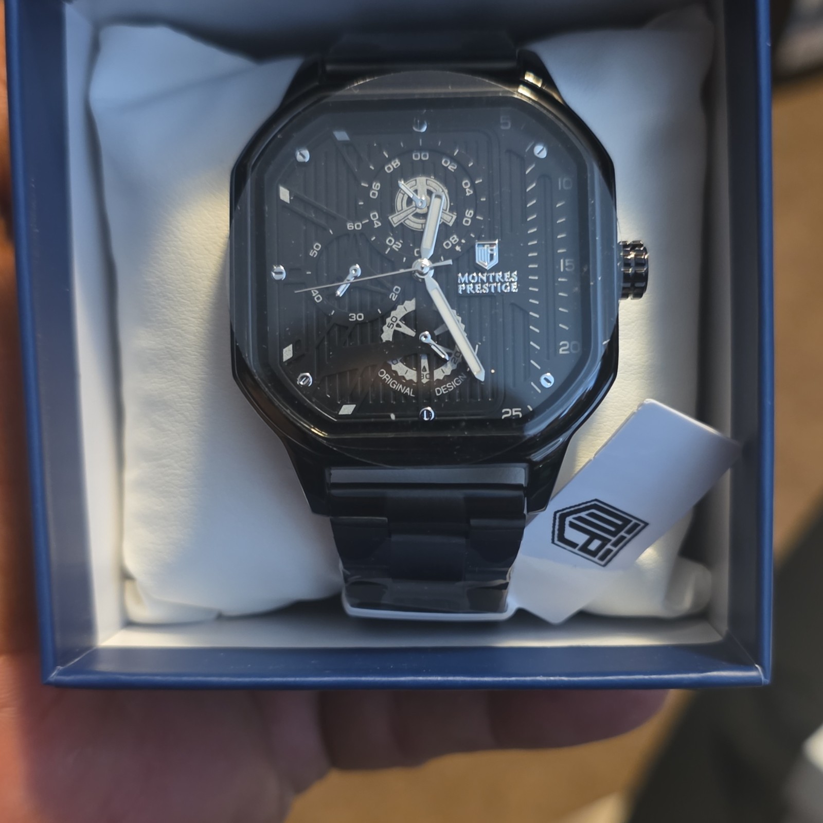 Montres Prestige Men’s Quartz Chronograph Octagon 44mm Black SS Watch Box