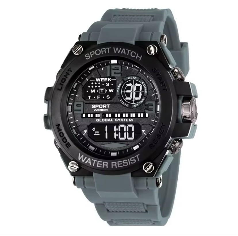 Men’s Sport Wristwatch Analog Digital Quartz Gray Black Water-Resistant Alarm