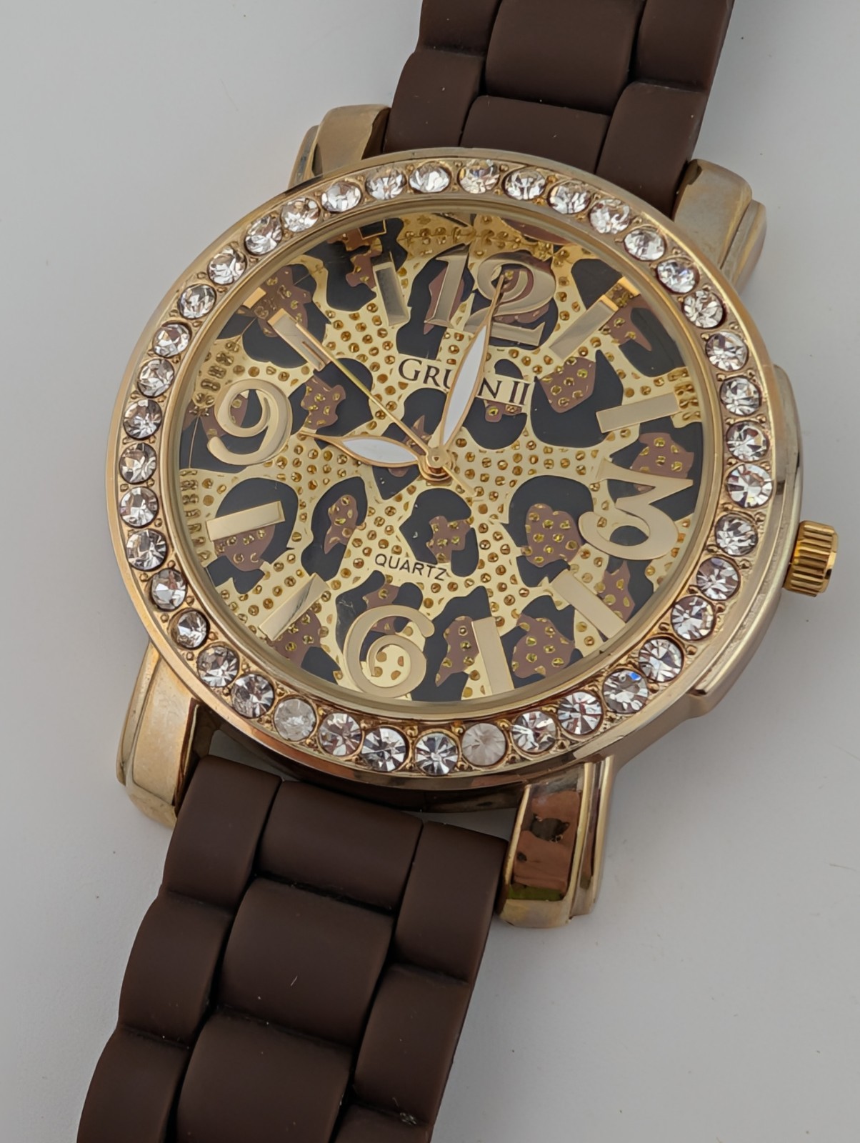 Gruen II Watch Women 43mm Case Cheetah Dial Brown Silicone Band- New Battery