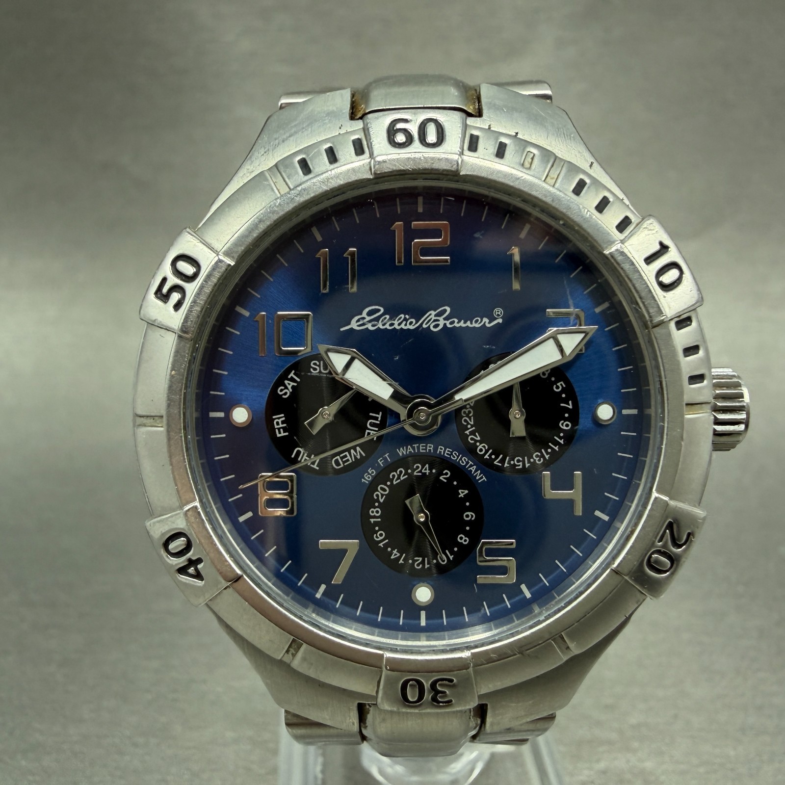 Eddie Bauer Watch Men 40mm Blue Dial Silver Tone Daydate Round New battery