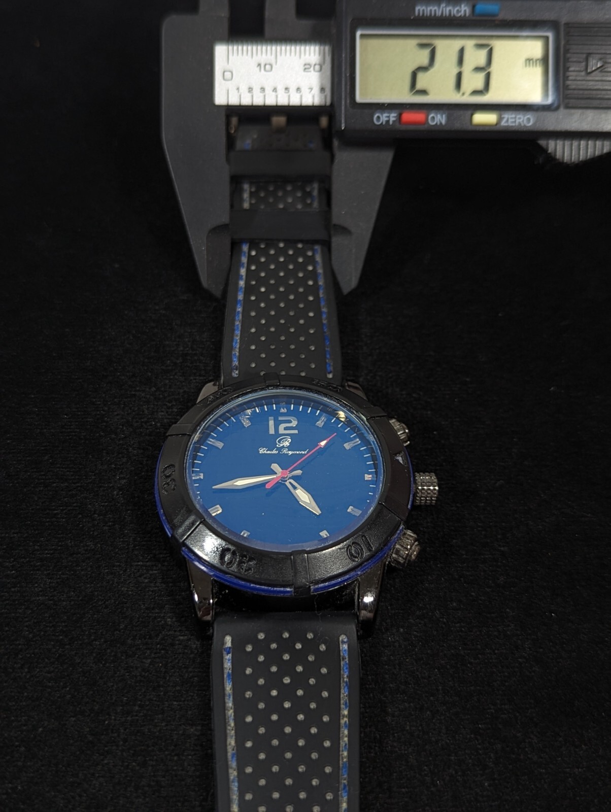 Charles Raymond Blue Dial Rotating Bezel Black Case Silicone Band Watch 8.5 In