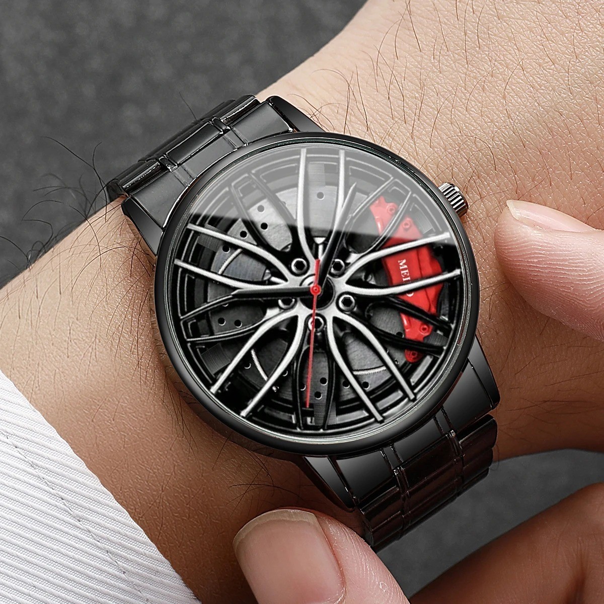 Fashion Men Sports Watches 3d Car Wheel Stainless Steel Band Wrist Watch