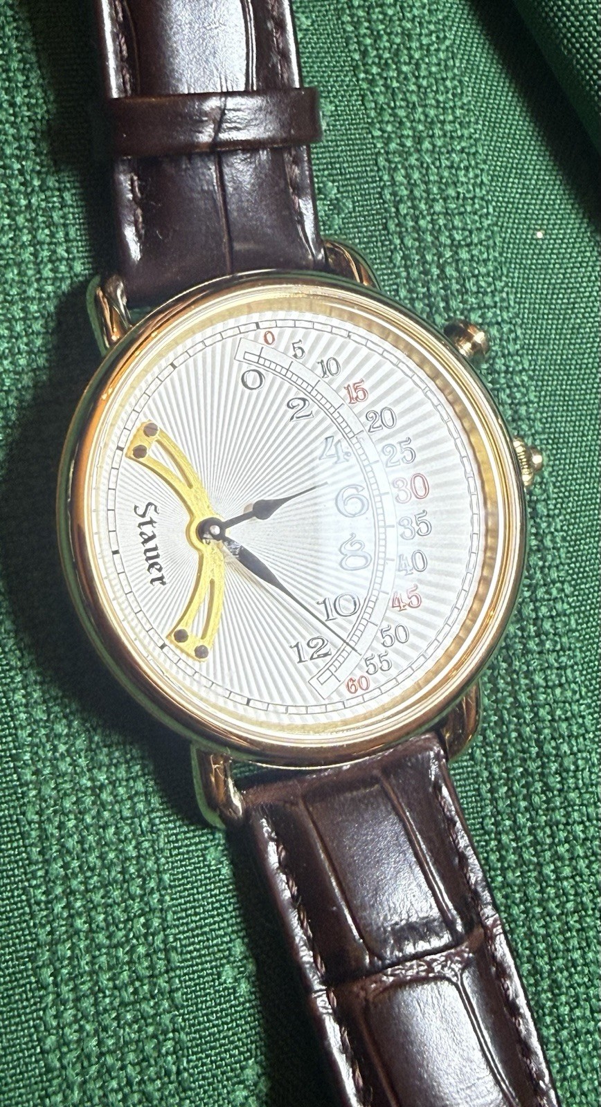 44mm 1920s RETROGRADE White Sunburst Dial | Goldtn Case| Brown Band STAUER Watch