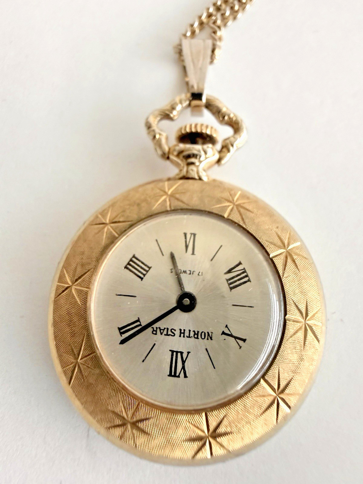 Vintage Mid Century Starburst Pendant Watch North Star 17J Necklace Box Paper