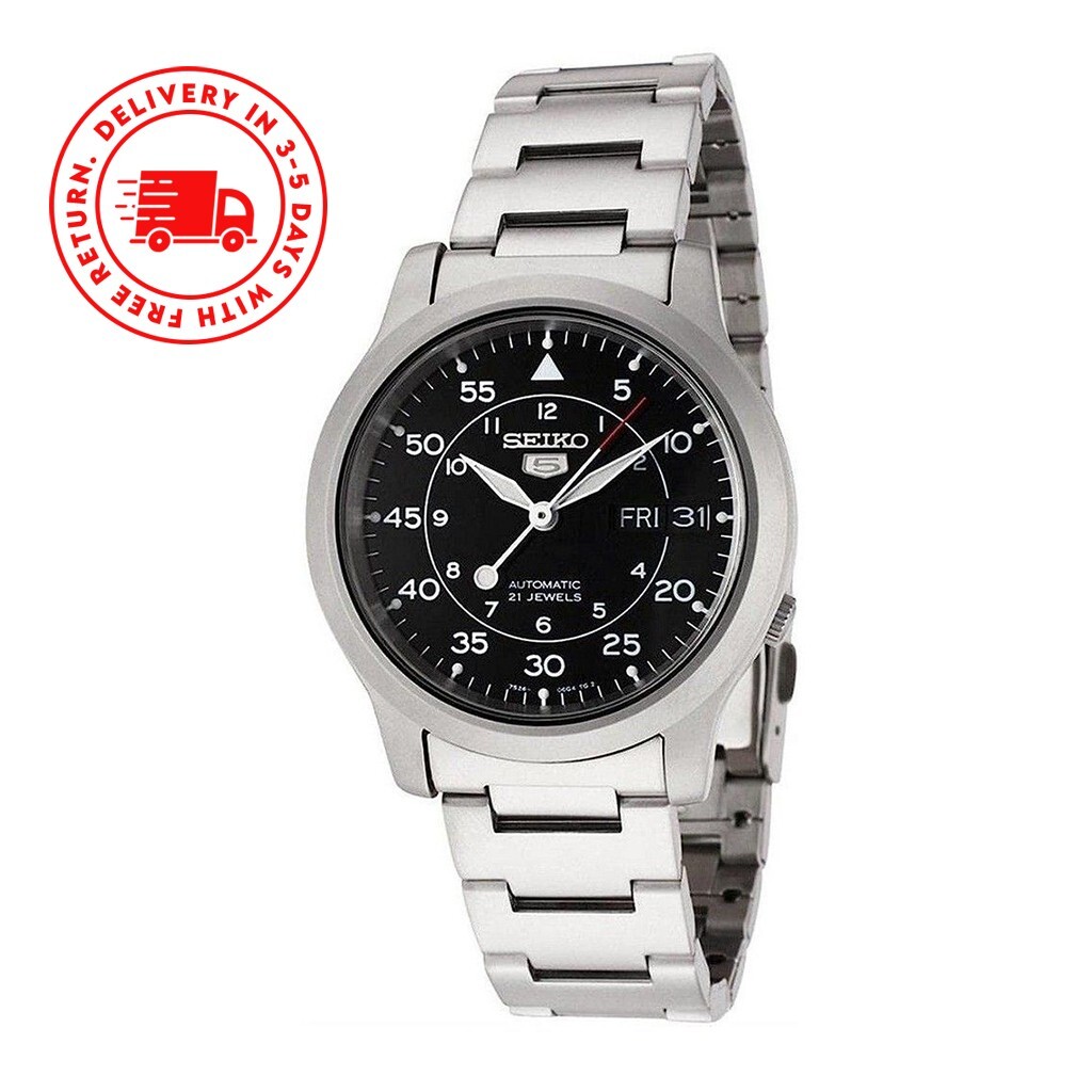 Seiko 5 Automatic Black Dial Steel Silver Band SNK809K1 Men’s Watch Case 37 mm