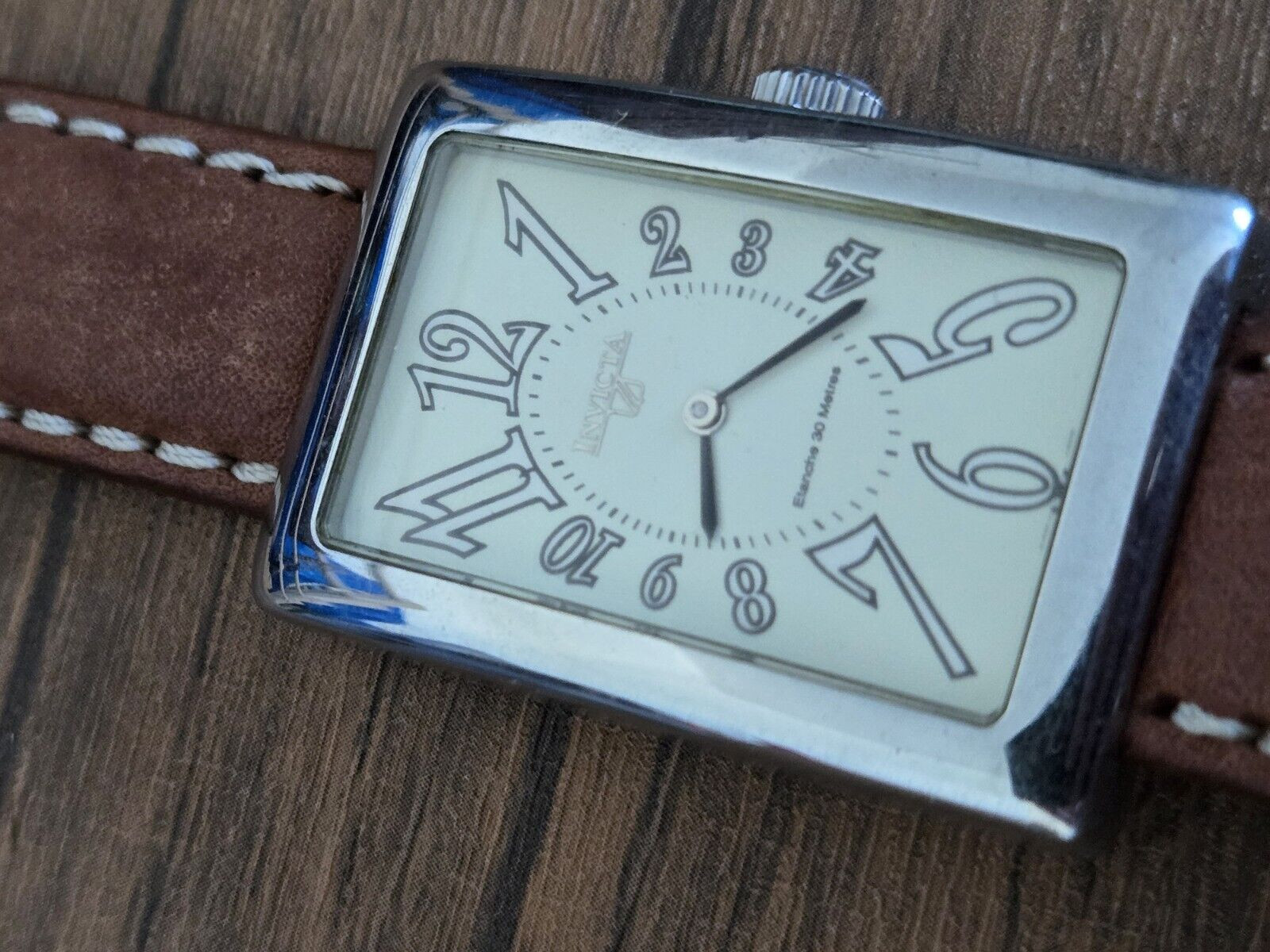 Invicta Depose 1837 Cream Dial 29.5 mm Rectangle SS Swiss Made Quartz w Leather