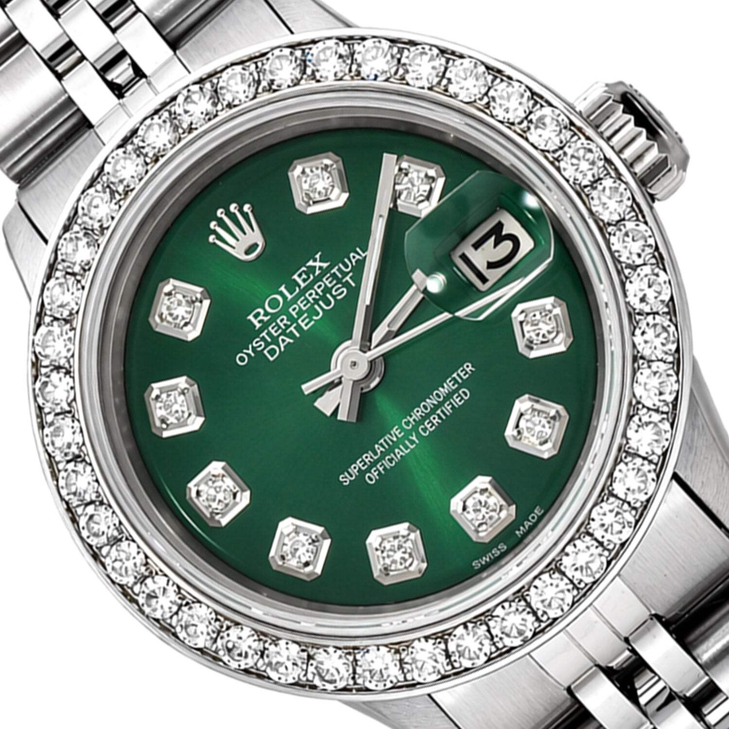 26mm Rolex Datejust 1601 18k White Gold Diamond Bezel Green Dial Women’s Watch