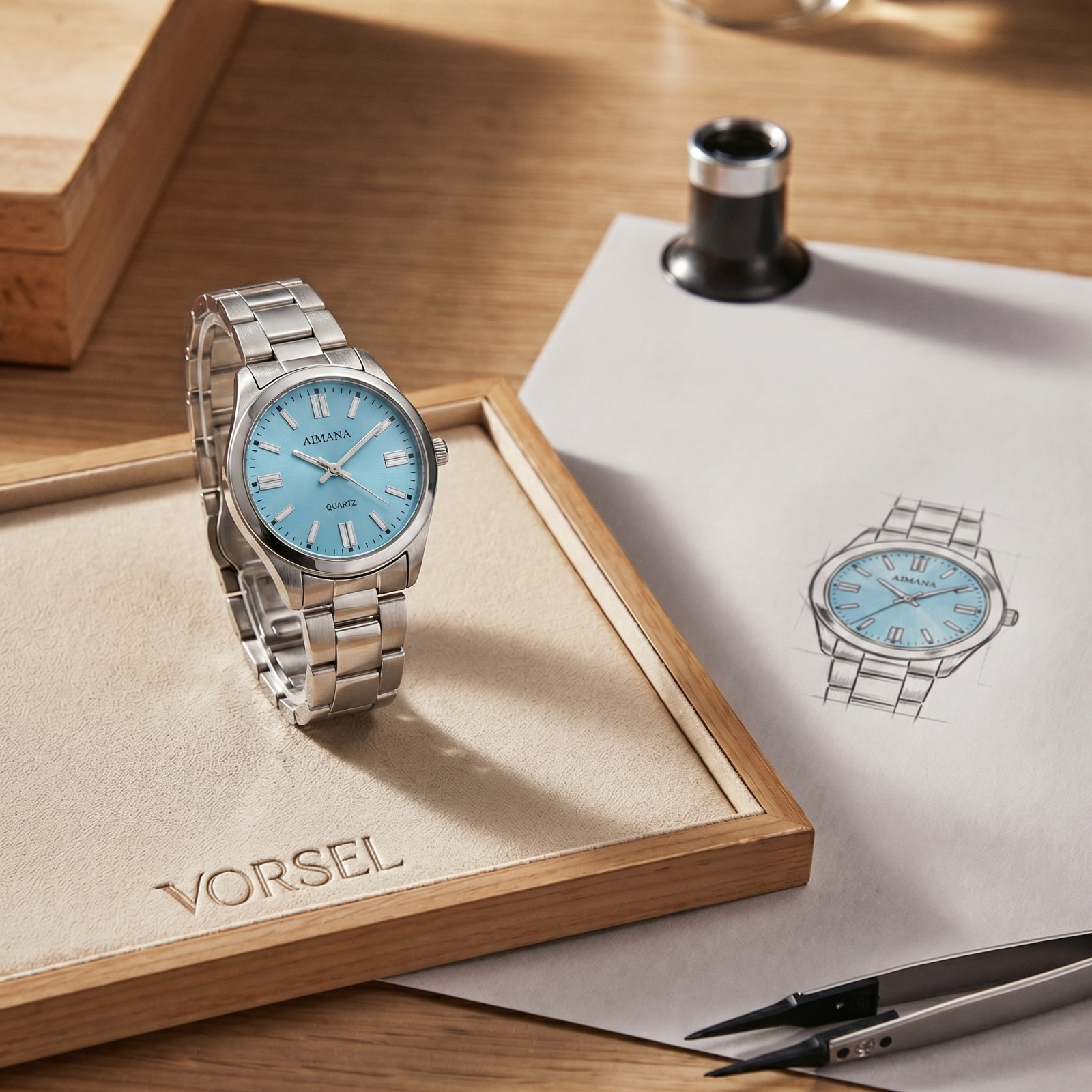 VORSEL Classic Blue Round Dial Women’s Quartz Silver Tone Watch 32mm