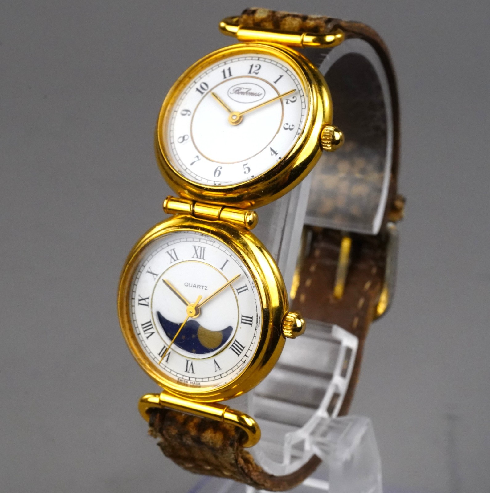 BORBONESE Vintage Women’s Twin Time Wristwatch Gold 25mm New Battery