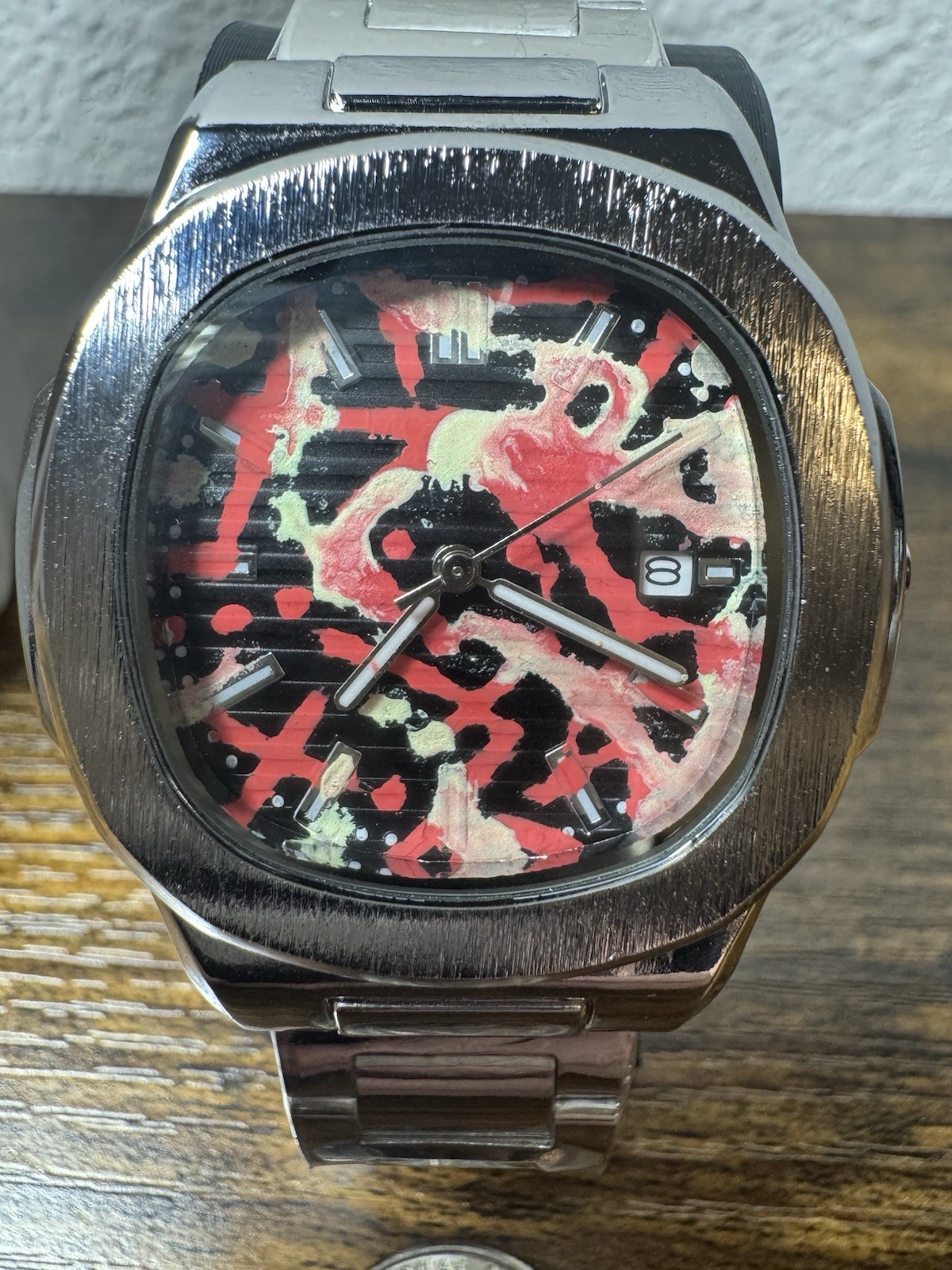 Custom Metal Mod Hand Painted Dial Abstract Red/Glow Yellow Watch