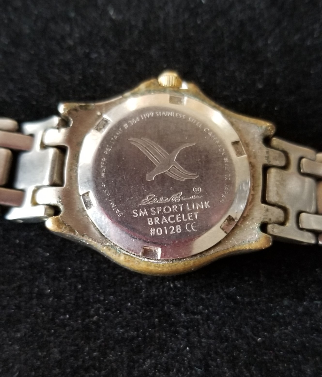 Eddie Bauer Two Tone Date Watch Rotating Bezel Link Band 6.5″ Max Size New Batt.
