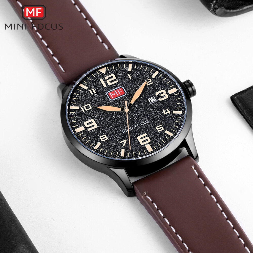 MINI FOCUS Men Ultra Thin Quartz Sports Watch Leather Strap Wristwatch with Date
