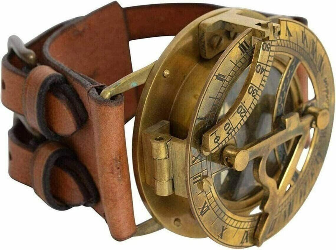 Sun Dial Leather Watch Brass Compass Leather Old Gold Lustre Unusual UK
