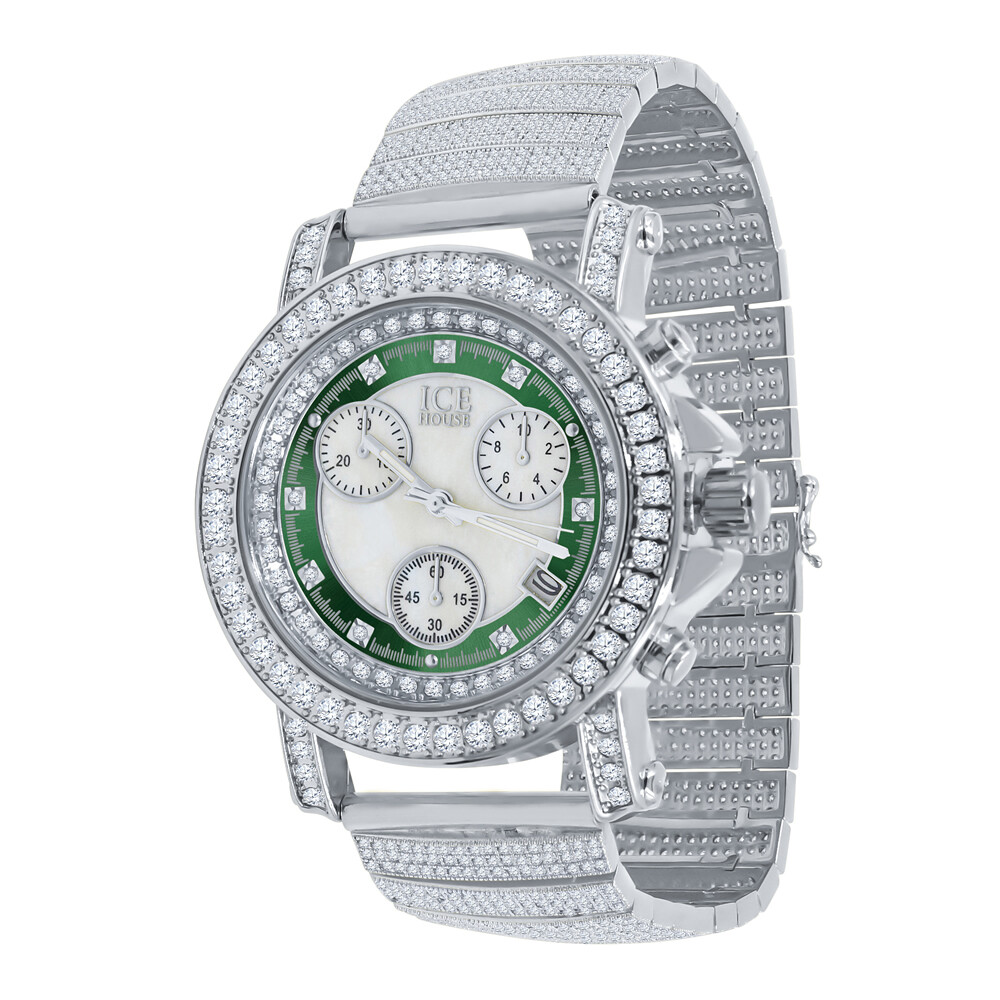 14K White Gold Tone 8 Real Diamonds Green & White Dial Luxury Band Watch W/Date