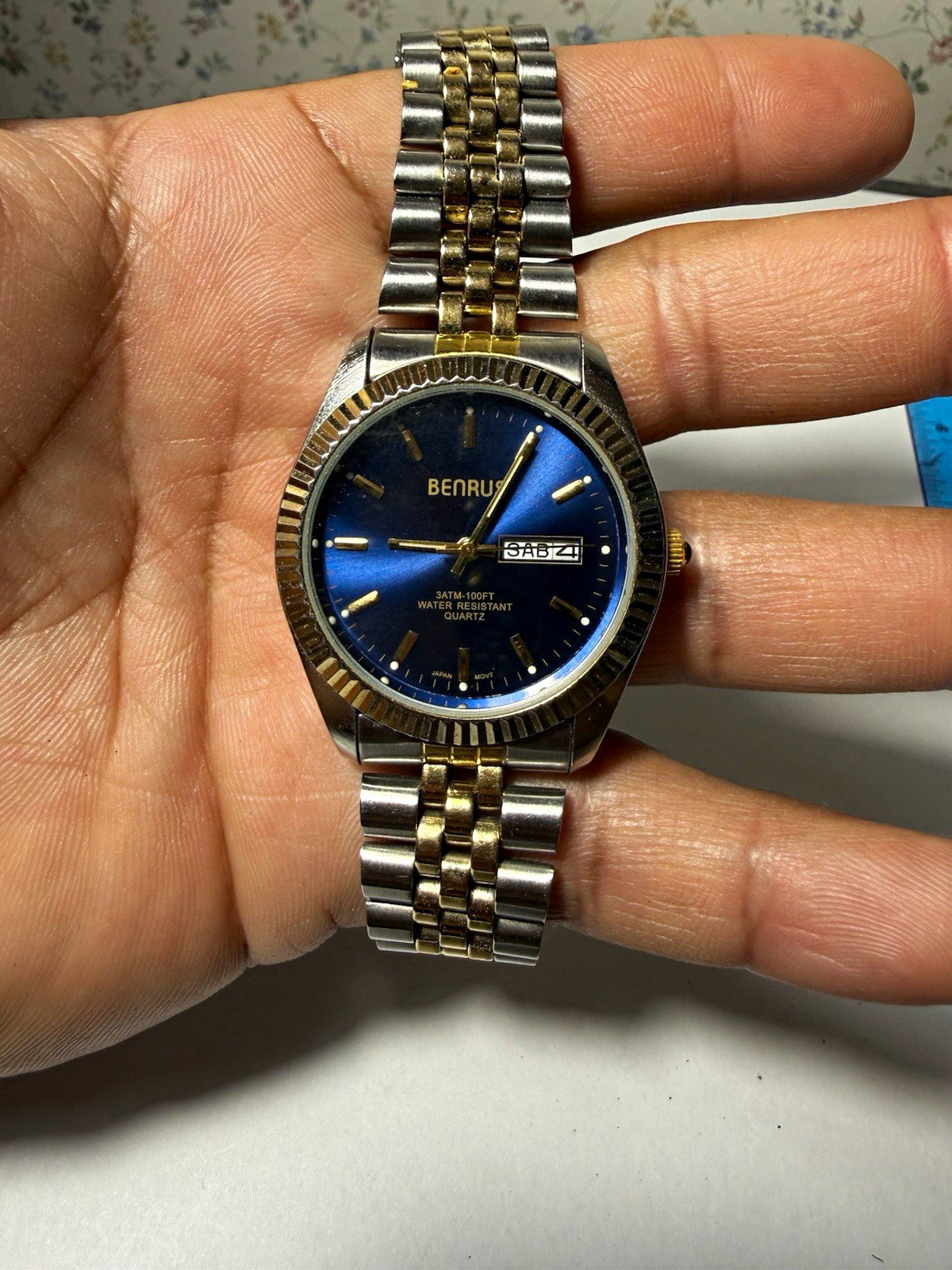 Benrus BNW700 Quartz Day Date 30m Two-Tone Bracelet Blue Dial (needs battery)