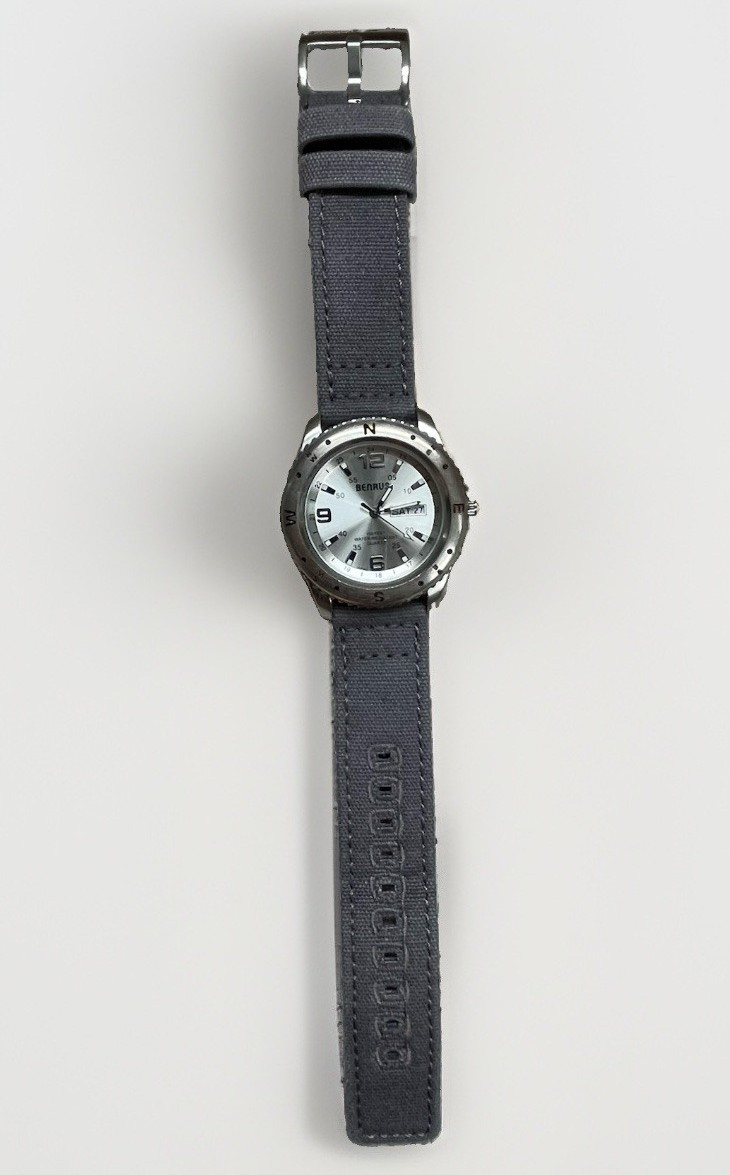 Benrus Men’s Quartz Compass Bezel Watch Silver Dial Day/Date Gray Strap 100ft