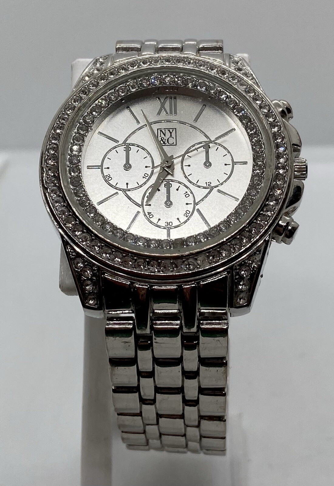 NY&C Ladies Watch Fresh Battery Silver Iced Dial To 7-1/2” Wrists Faux Chrono