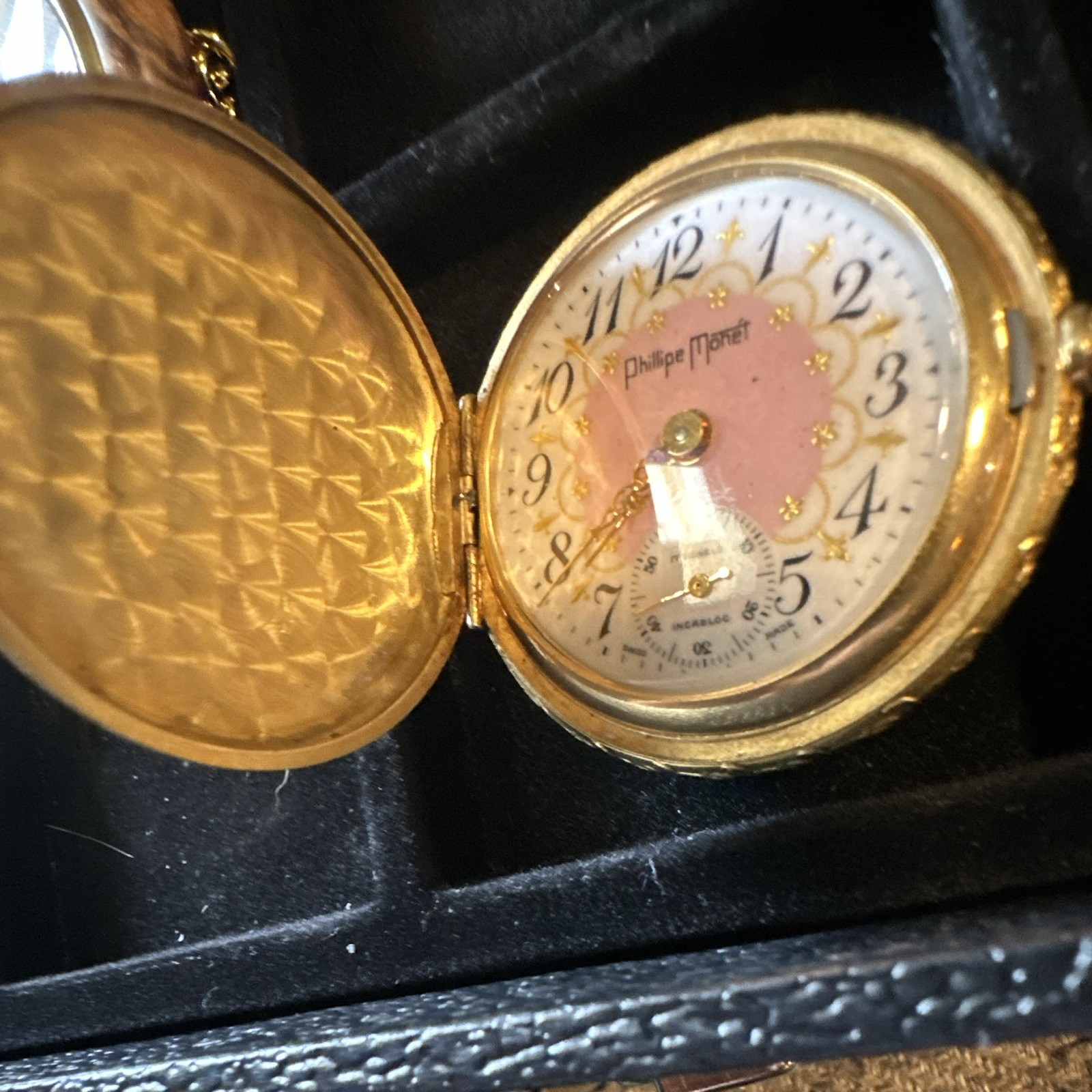 Philippe Monet Mechanical Full Hunter Pocket Watch 17 Jewels Arabic White/Pink